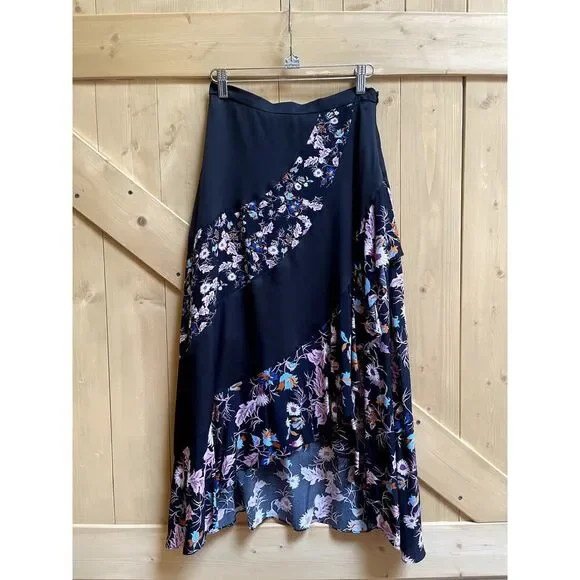 Sandro Paris Black Floral Asymmetrical Ruffle Skirt Size 1 Small Romantic Midi - Picture 3 of 11